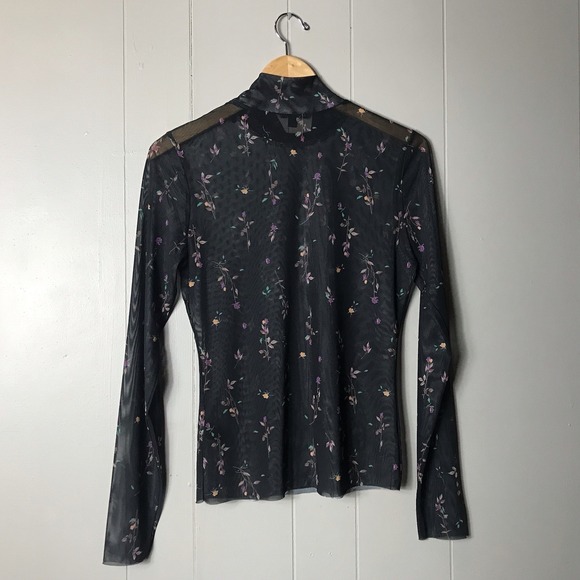 AFRM SHEER MESH BLACK FLORAL PATTERN MOCH TURTLENECK BLOUSE WOMENS SIZE LARGE - Picture 3 of 7